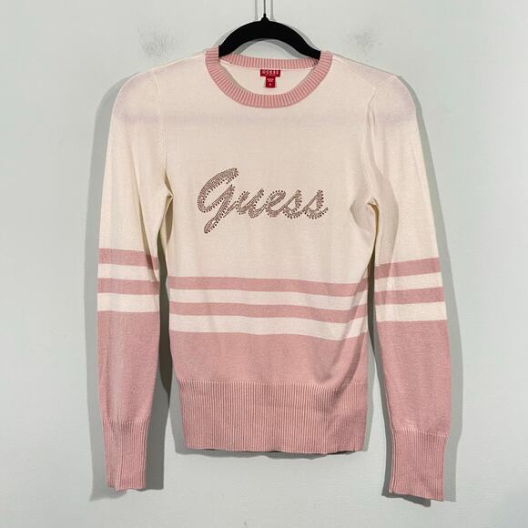 GUESS Women's Pink & Cream Rhinestone Logo Long Sleeve Sweater Size S - Picture 1 of 10
